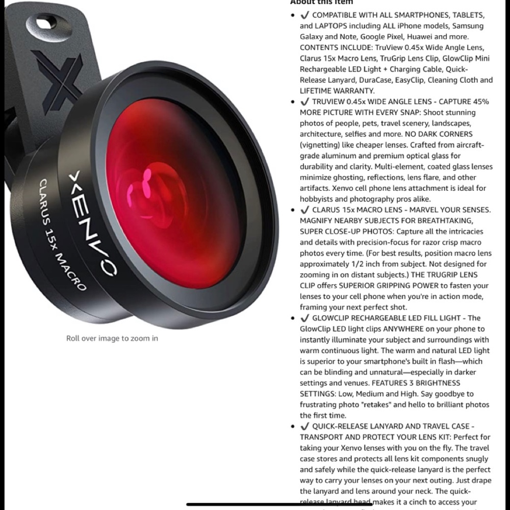 Xenophon Pro zoom cell phone lens kit + LED Light wide angle lens cell phone